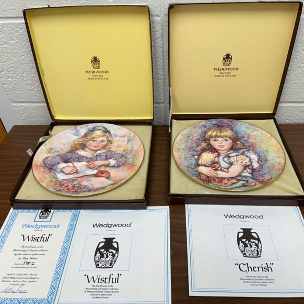 1978 / 1980 Vintage Mary Vickers Wedgwood plates "Cherish" and "Wistful" EUC